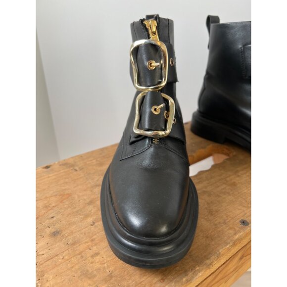 ASOS Black Leather Gold Metal Double Buckle Ankle Biker Boot US Size 6 UK Size 4 - Picture 13 of 14